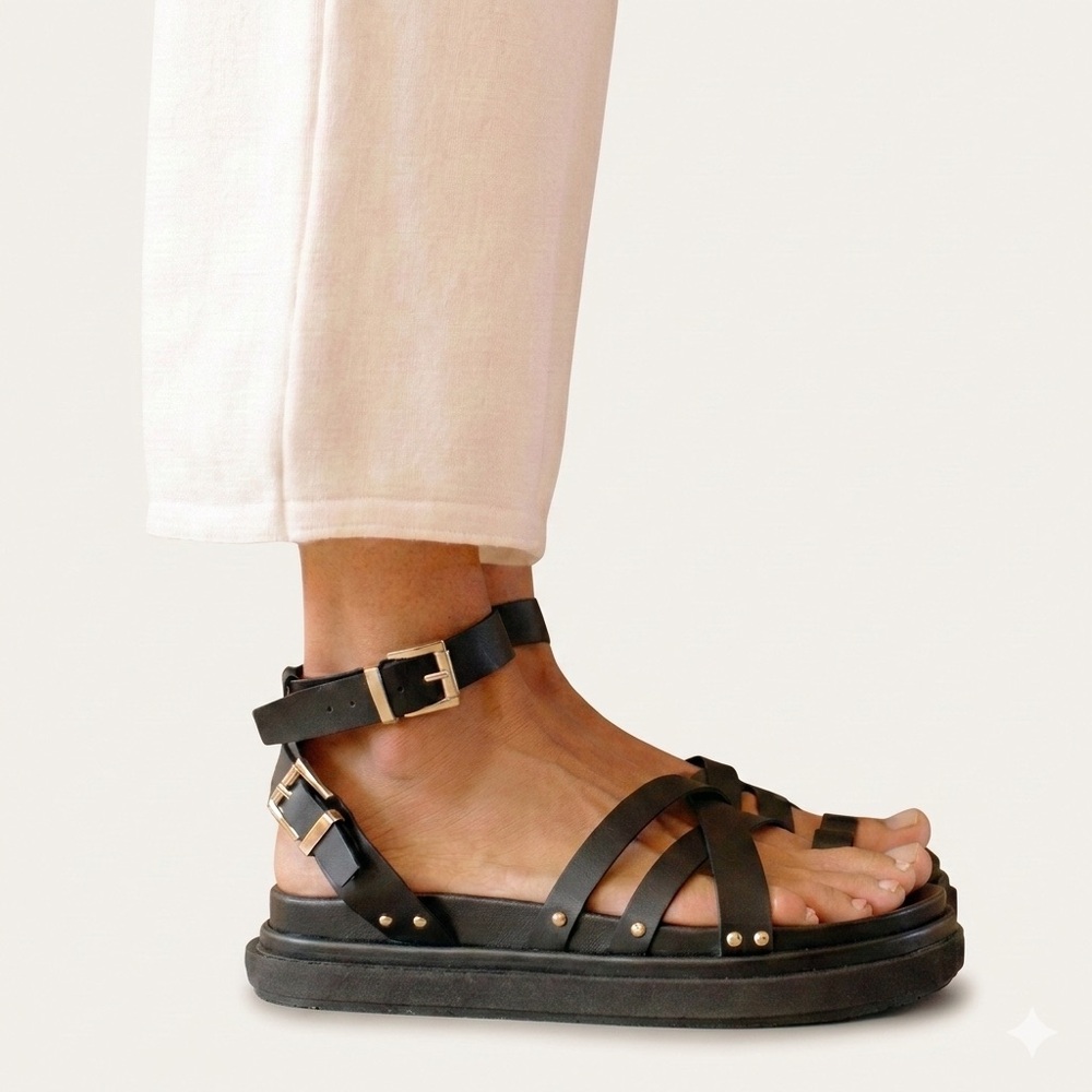 ALOHAS Buckle Up Gladiator Platform Sandals Black Vegan Leather US 6.5 EU 37